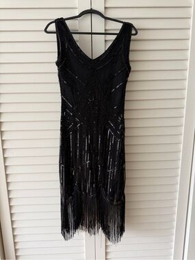 Sleeveless Black Beaded Fringe Midi Dress